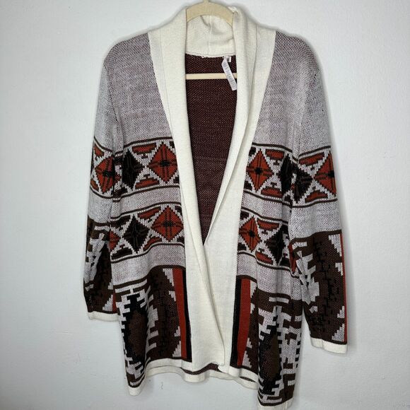 Mags & Pye Cream Brown Rust Native Aztec Print Longline Cardigan Sweater Medium - Picture 6 of 12